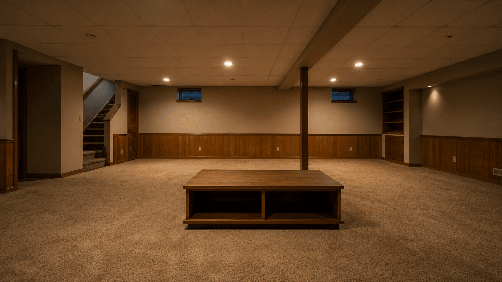 A cozy 1990s basement listening room with warm lighting, older furniture, and playful clutter.
